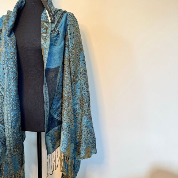 Gaowei + Xinzhan Paris Blue Shawl Pashmina Jacket with Tassels Size Medium - Picture 4 of 9